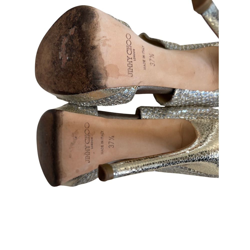 Jimmy Choo Champagne Glitter Peep Toe Platform Sandals Ankle Zip Heels 37.5 - Picture 9 of 13